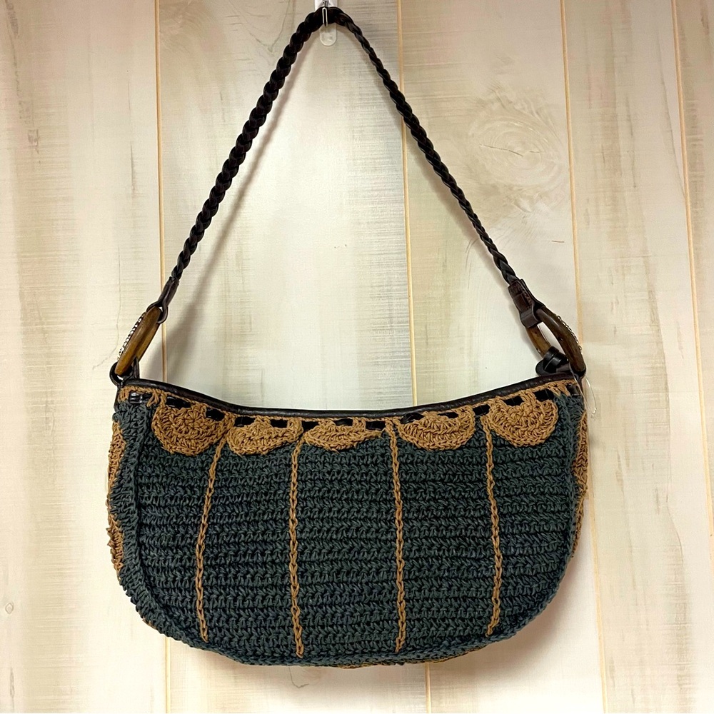 Vintage Brighton Crochet Black & Tan Hobo Bag Braided Handle, Leather Trim - Picture 2 of 9